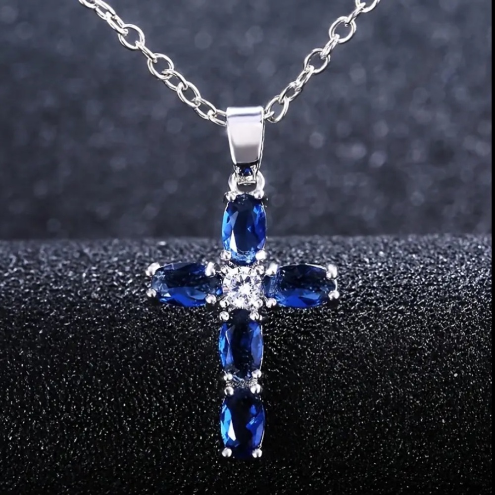 Blue & Silver Cross Pendant Necklace - Picture 2 of 9